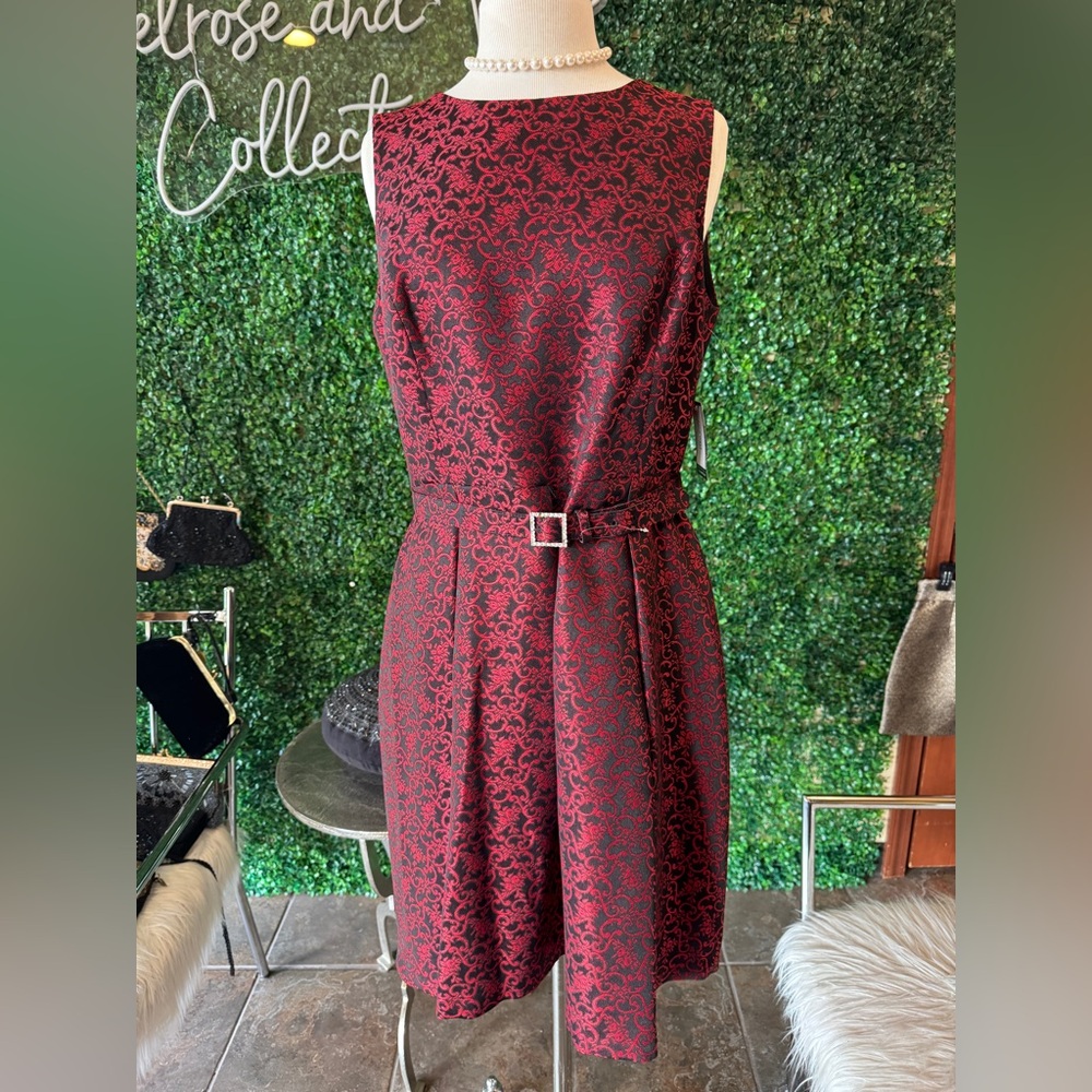 New Nine West Elegant Red Patterned Dress with Embellished belt